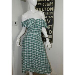 DEWL‎ Dress Green Gingham Plaid Off the Shoulders Korean Size  S/M